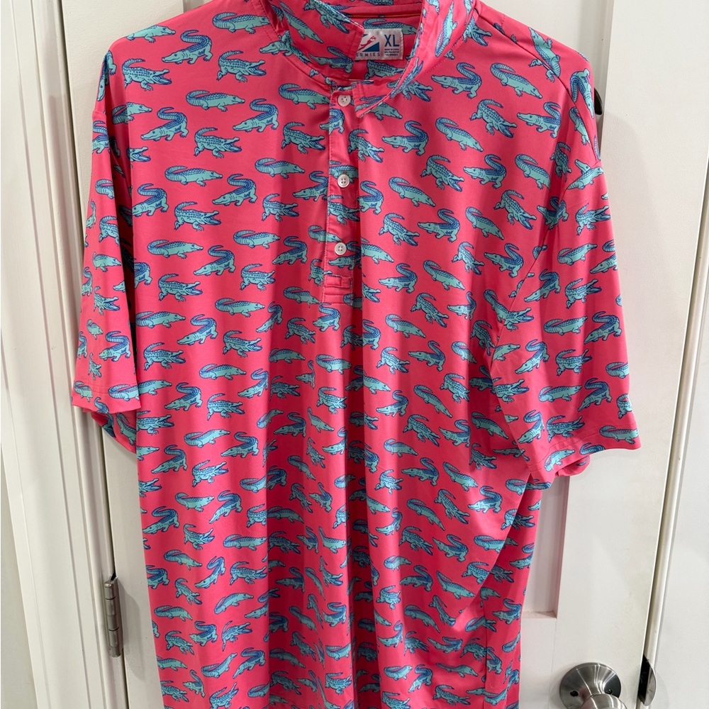 Pink Polo Shirt with Blue Alligator Print